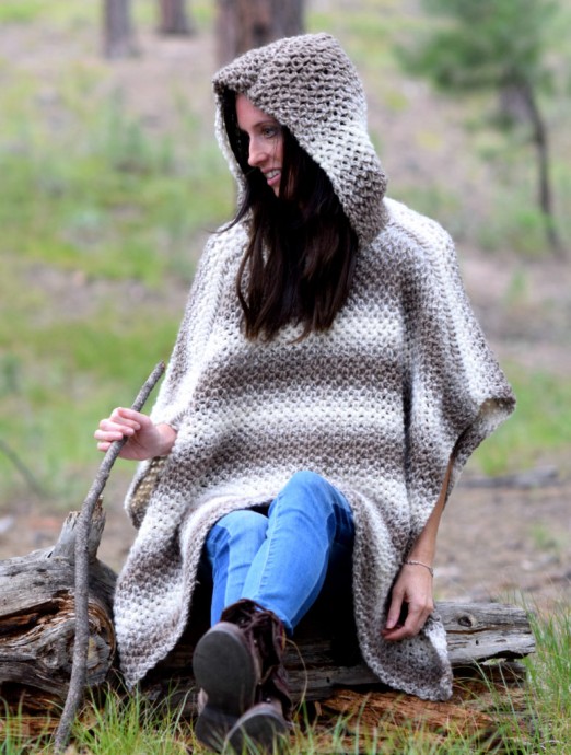 Crochet Striped Poncho with a Hood