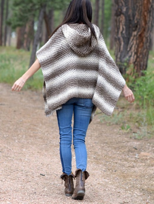 Crochet Striped Poncho with a Hood