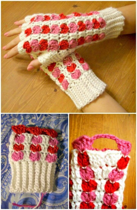 Easy Free Crochet Scrap Heart Finger Less Gloves Pattern: