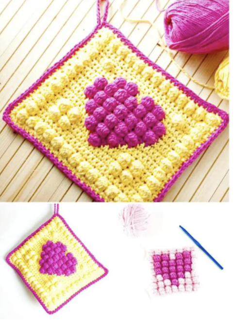 Crochet Bobble Heart Potholder Pattern: