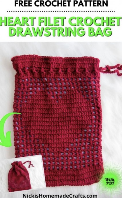 Free Heart Filet Crochet Drawstring Bag Pattern