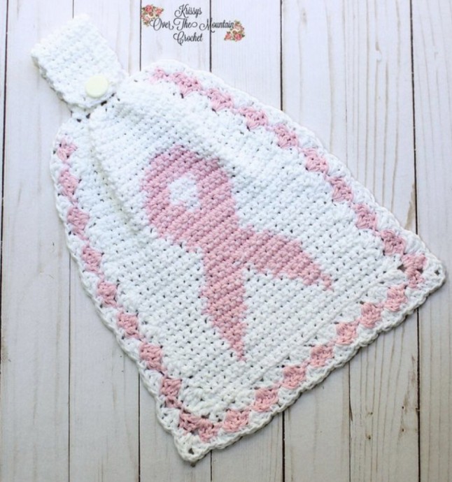 Crochet Cancer Ribbon Towel with a Buttoned Topper (Free Pattern)