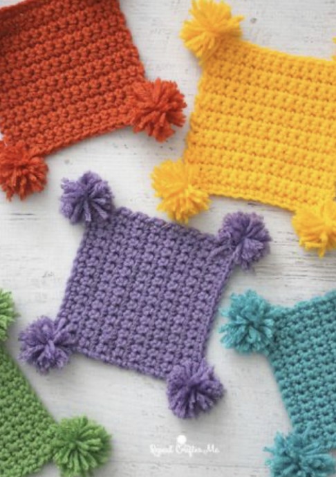 Easy Peasy Pompom Crochet Coasters (Free Pattern)