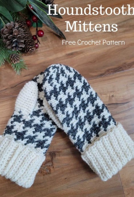 Crochet Houndstooth Mittens (Free Pattern)