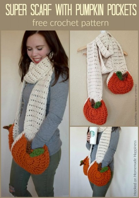 Crochet Scarf with Pumpkin Pockets