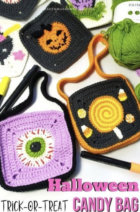 Crochet a Granny Square Trick-or-Treat Bag for Halloween (Free Pattern)