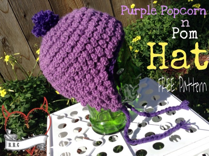 Crochet Purple Popcorn and Pom Earflap Hat