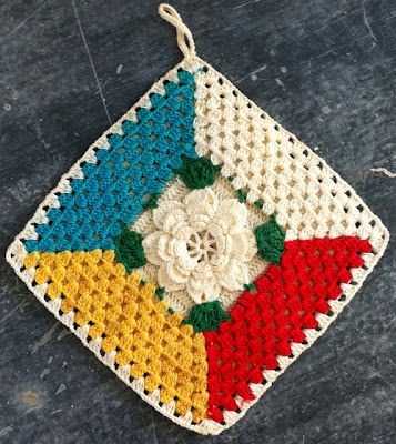 Crochet Rose Granny Square Potholder