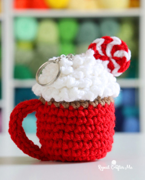 Crochet Peppermint Hot Cocoa Cup Keychain