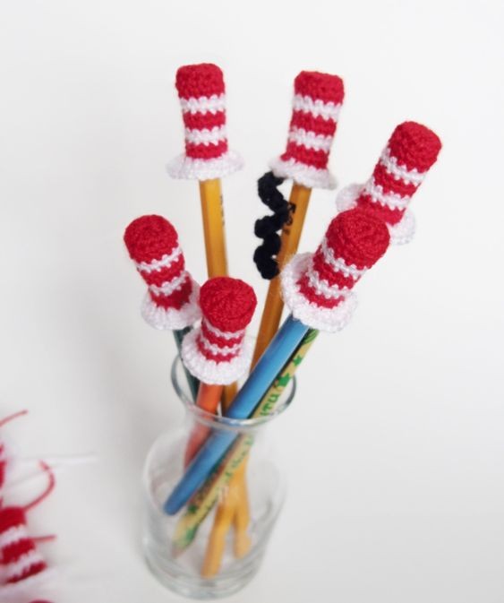 Crochet Cat In The Hat Pencil Toppers