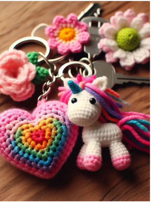 Crochet Heart and Unicorn Keychain